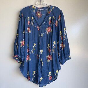 Fig and Flower Navy Blouse with Floral Accents